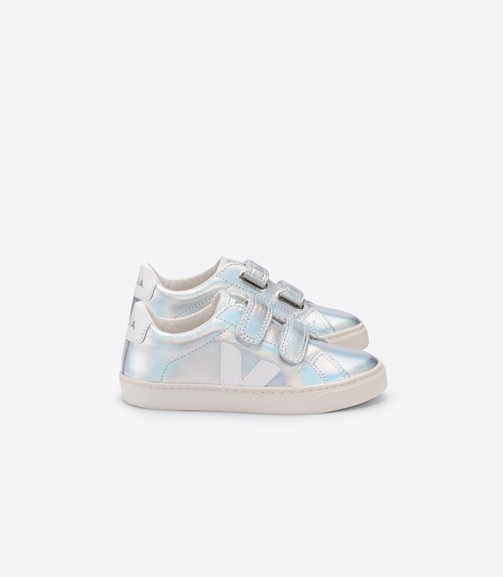 Veja Sneakers Barn - Esplar Velcro Läder - Silver/Vita - 957423-PTH